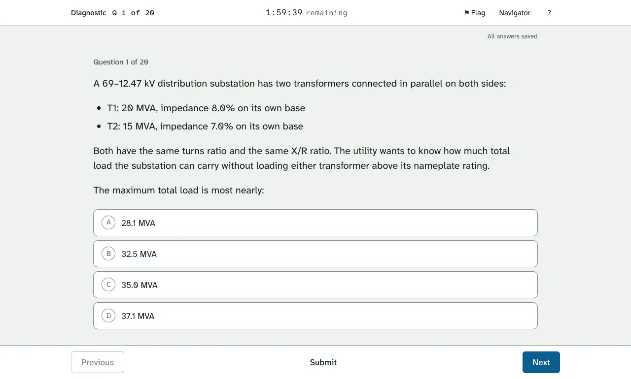 A diagnostic question in the exam runner: question 1 of 20, the countdown, the flag and navigator buttons, and four answer choices