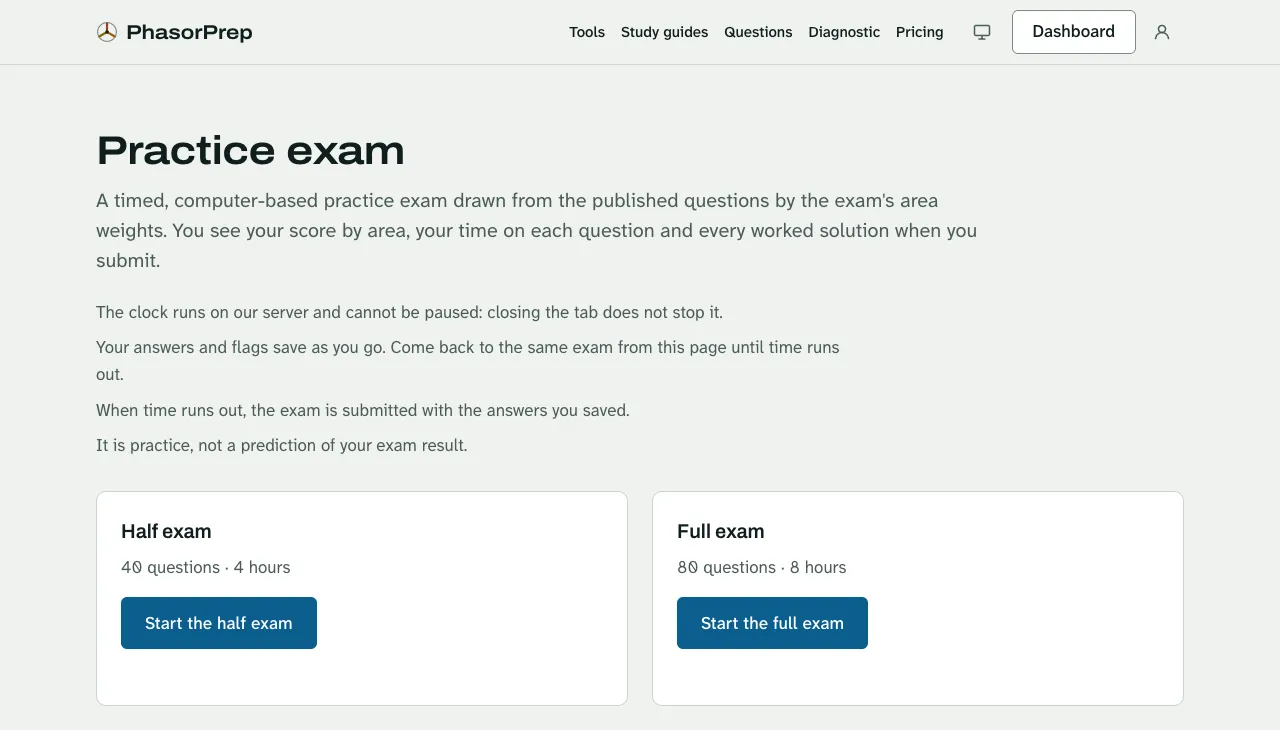 The practice exam page with the rules and two cards to start a half exam or a full exam